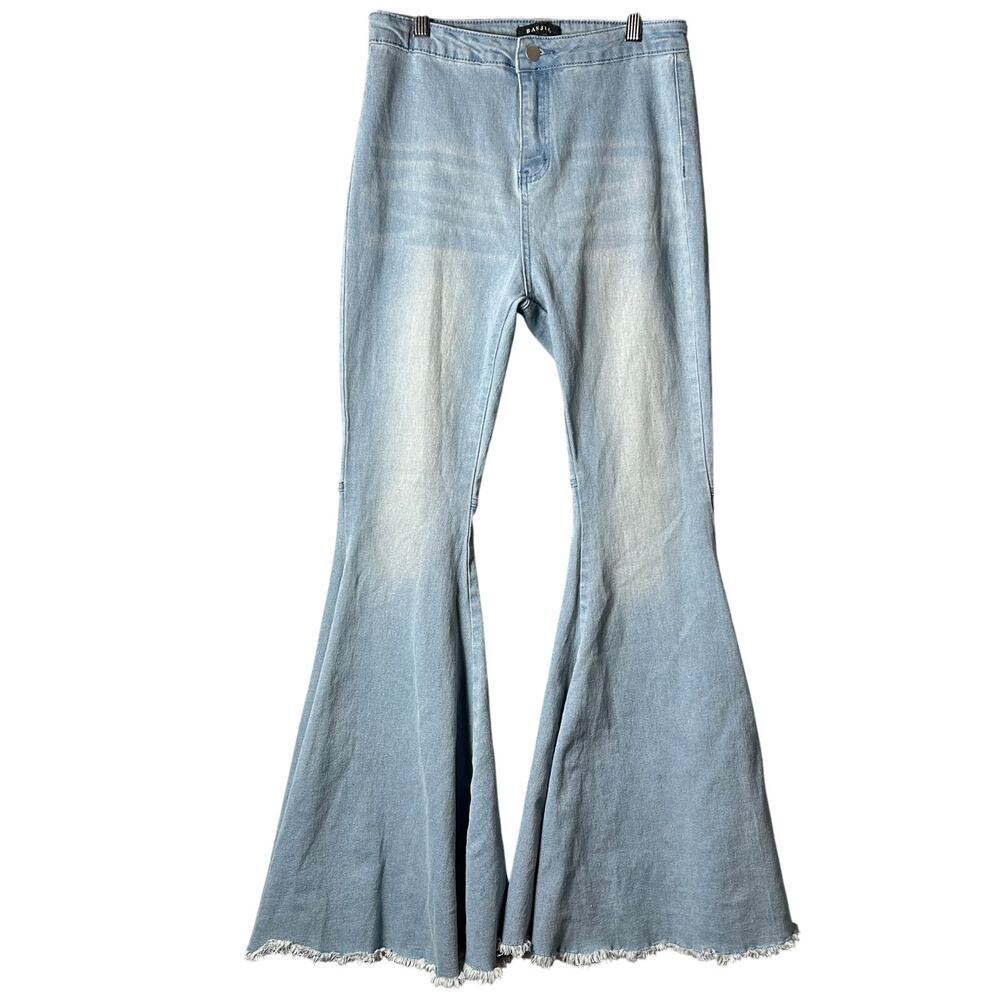 Banjul‎ Jeans Womens M Blue Flare Bell Bottom Distressed High Rise Boho Hippie